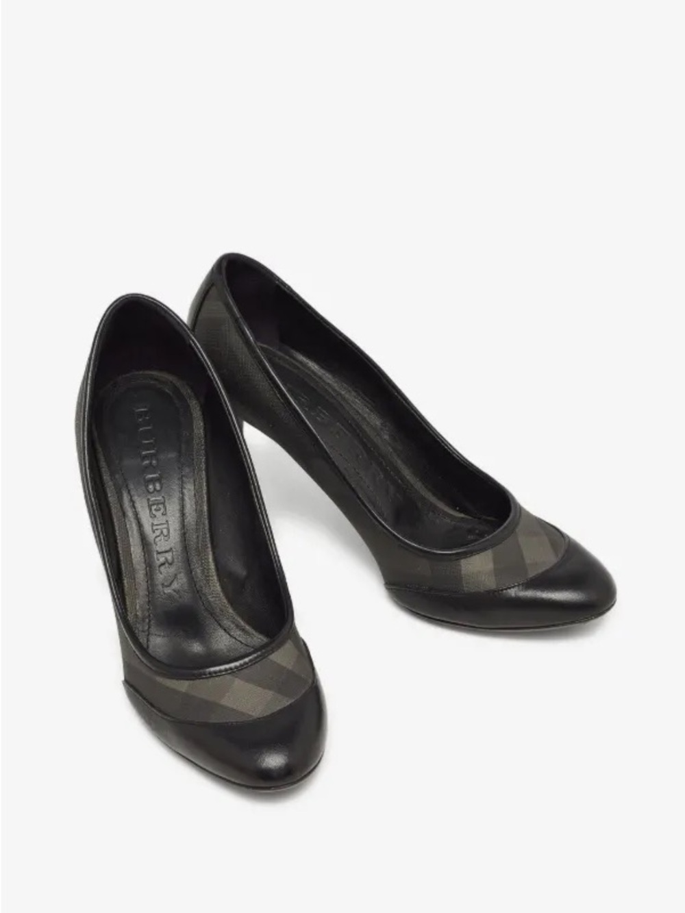 Burberry Black Leather Pumps with Gray Plaid Accent